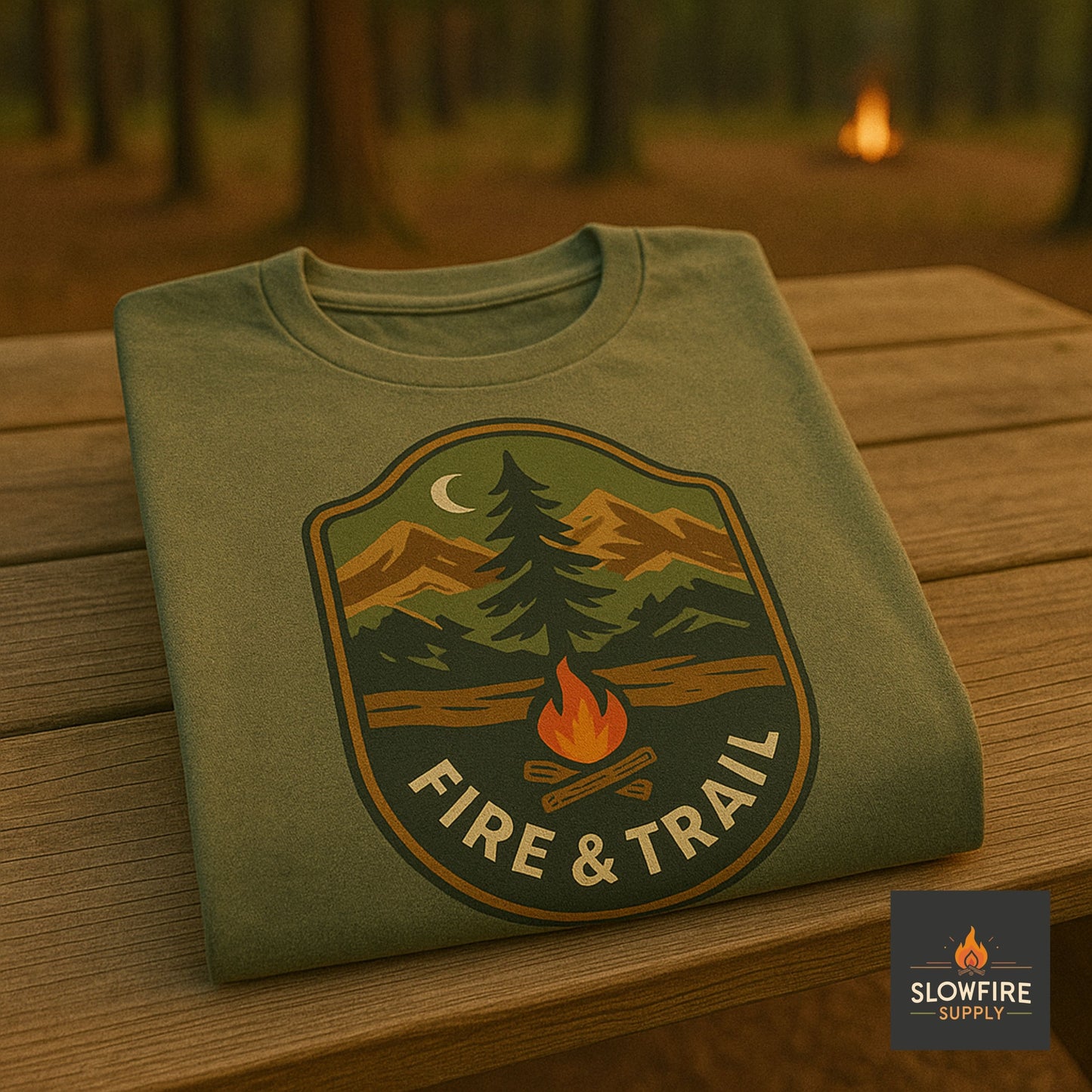 Green t-shirt with 'Fire & Trail' design on a wooden table in a forest setting, featuring Slowfire Supply logo.