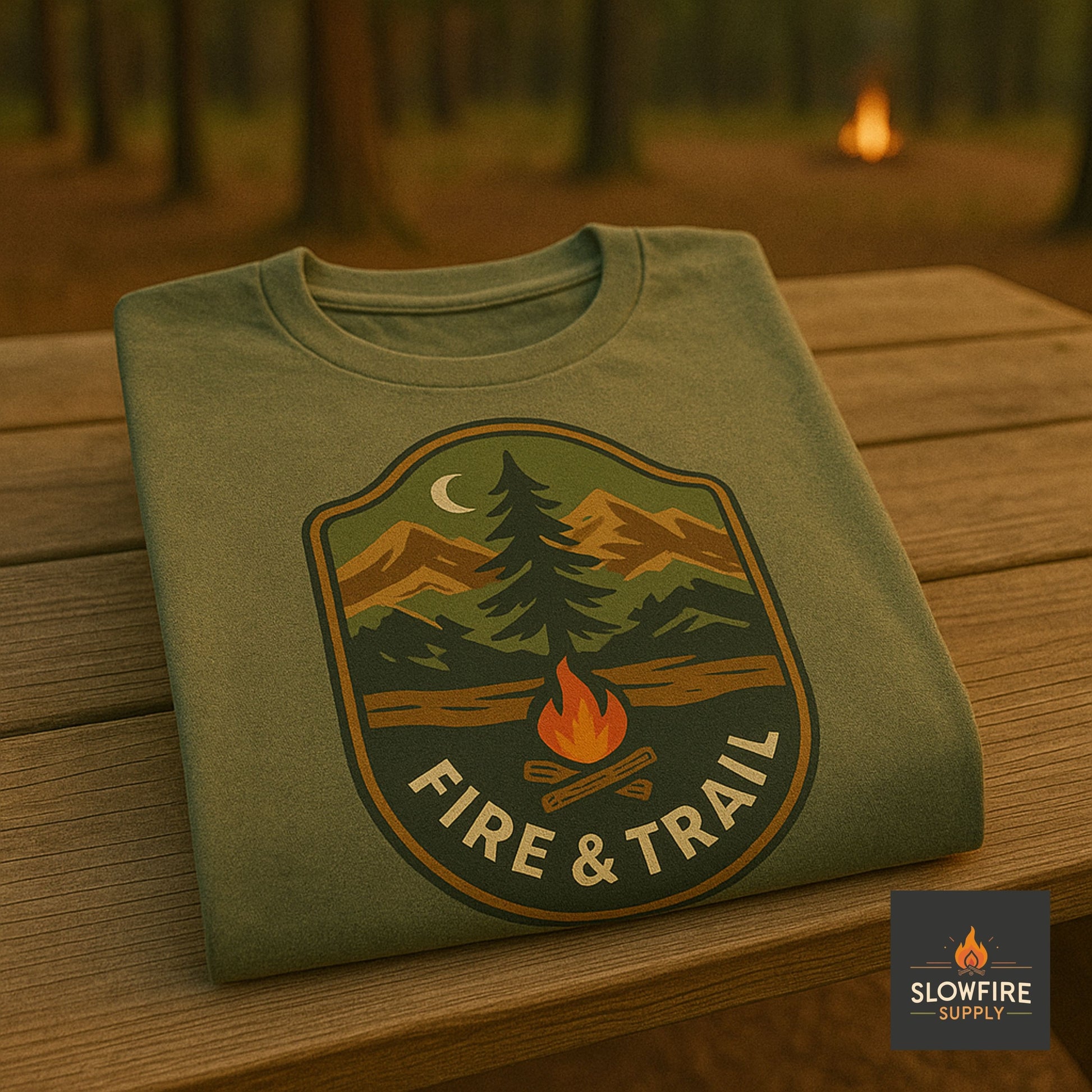 Green t-shirt with 'Fire & Trail' design on a wooden table in a forest setting, featuring Slowfire Supply logo.