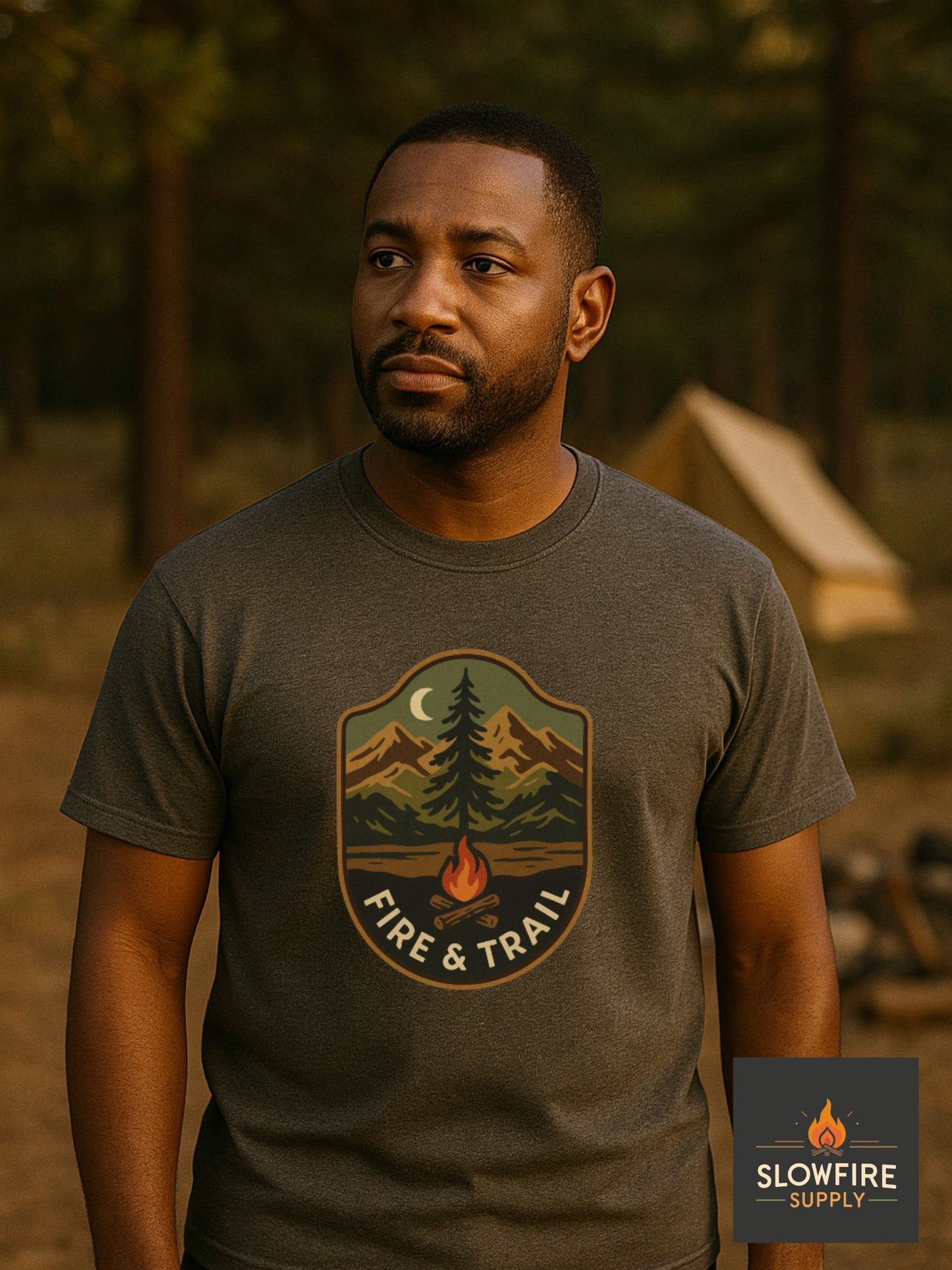 Man wearing a heather grey t-shirt with a nature-themed graphic and 'Slowfire Supply' logo in a forest setting.