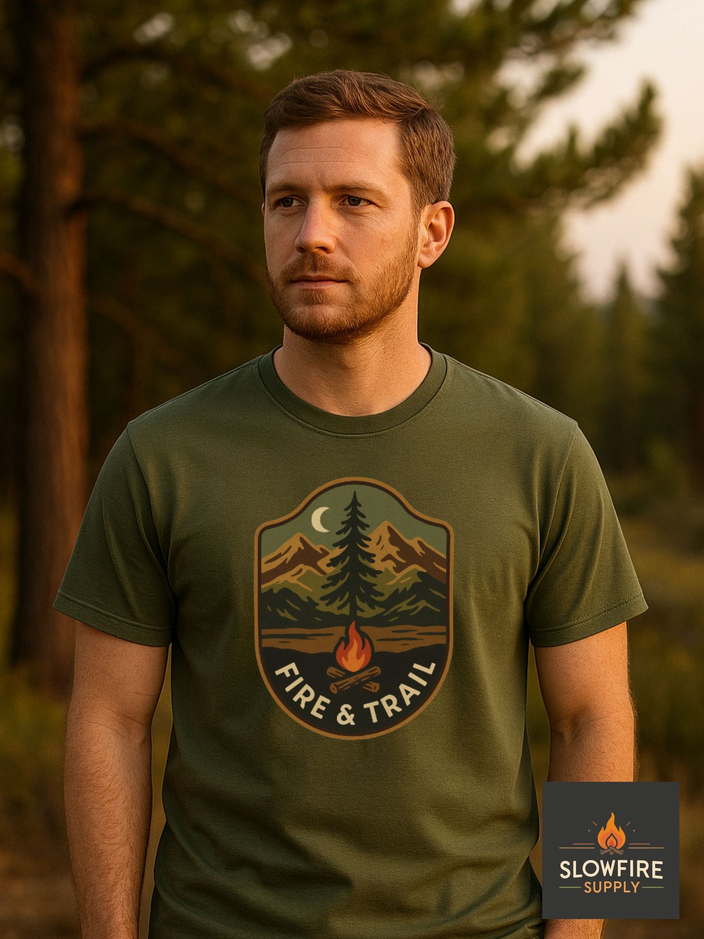 Man wearing a green t-shirt with a nature-themed graphic in a forest setting, featuring the Slowfire Supply brand.