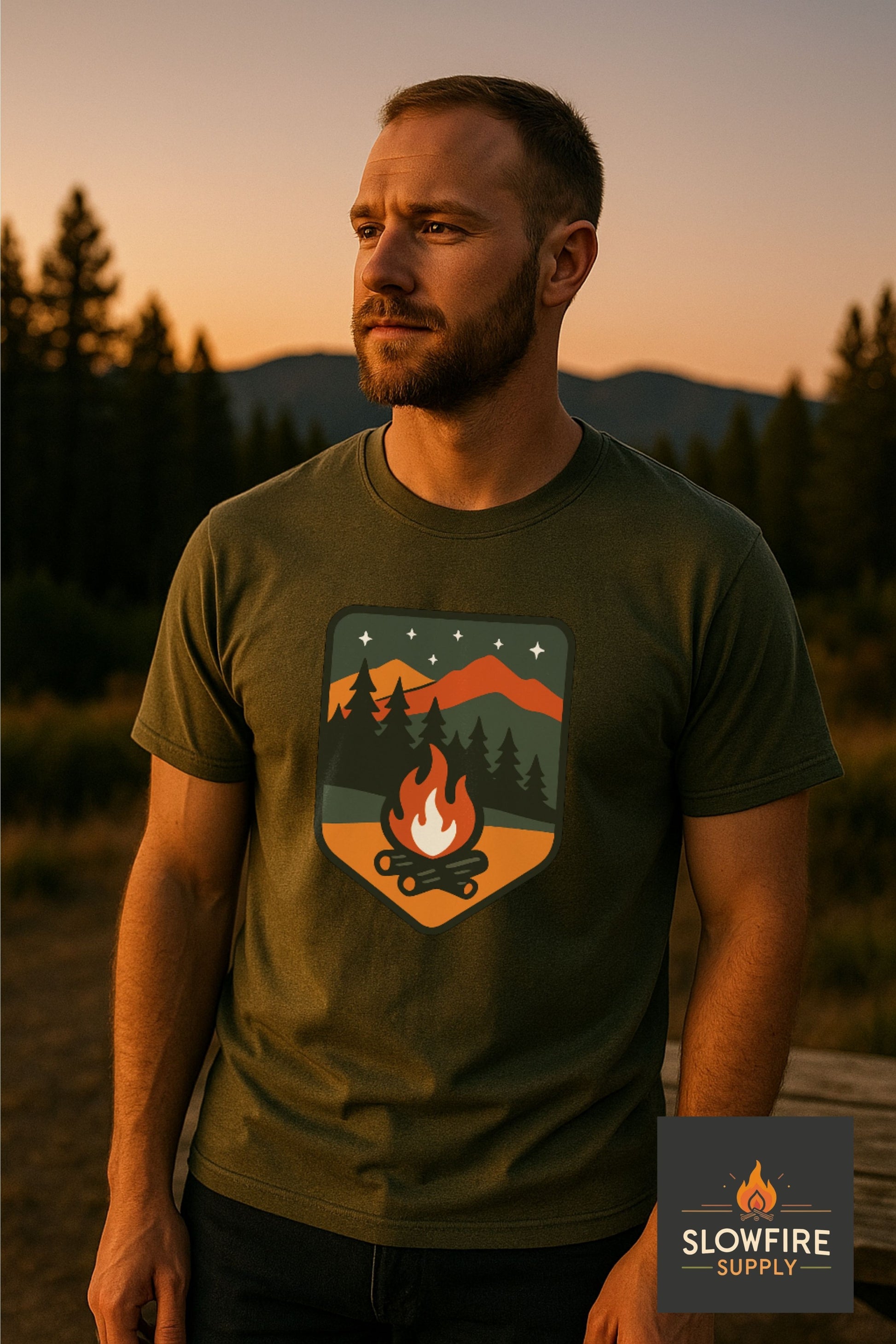 Man wearing a green t-shirt with a campfire design in a forest setting, with 'Slowfire Supply' logo.