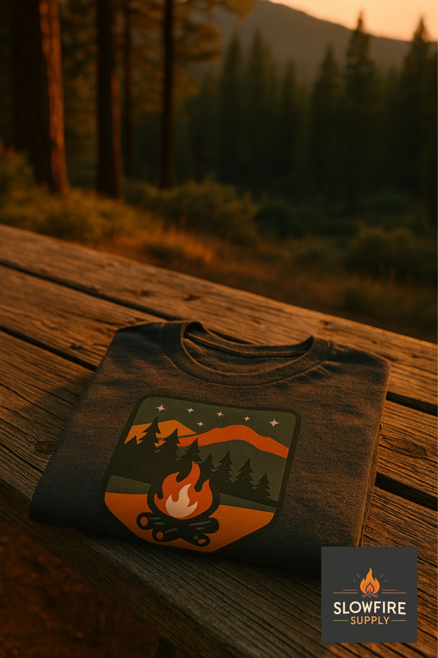 Folded t-shirt with a nature-themed design on a wooden surface with a forest background