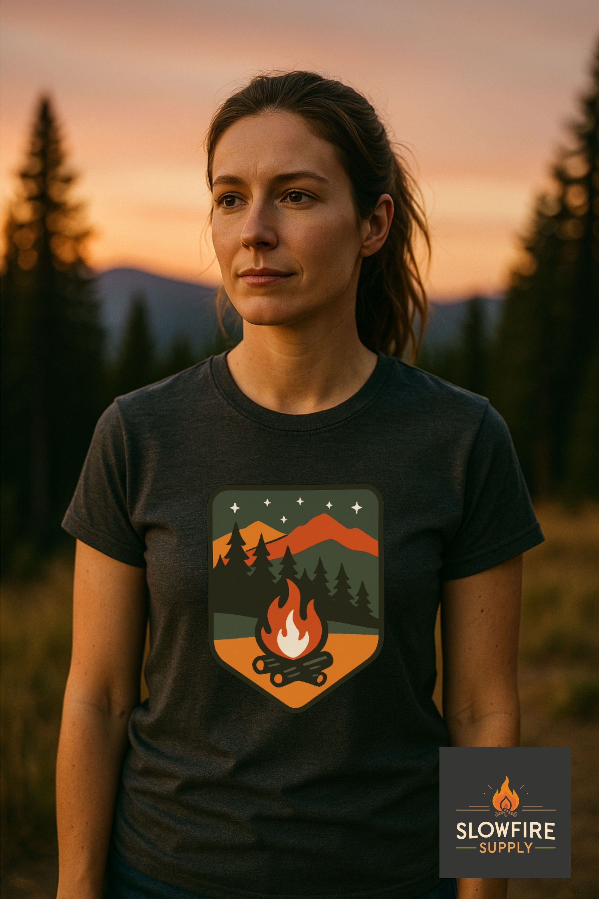 Woman wearing a t-shirt with a campfire design in a forest setting, with 'Slowfire Supply' branding.