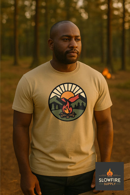 Man wearing a beige t-shirt with a graphic design in a forest setting, featuring the Slowfire Supply logo.