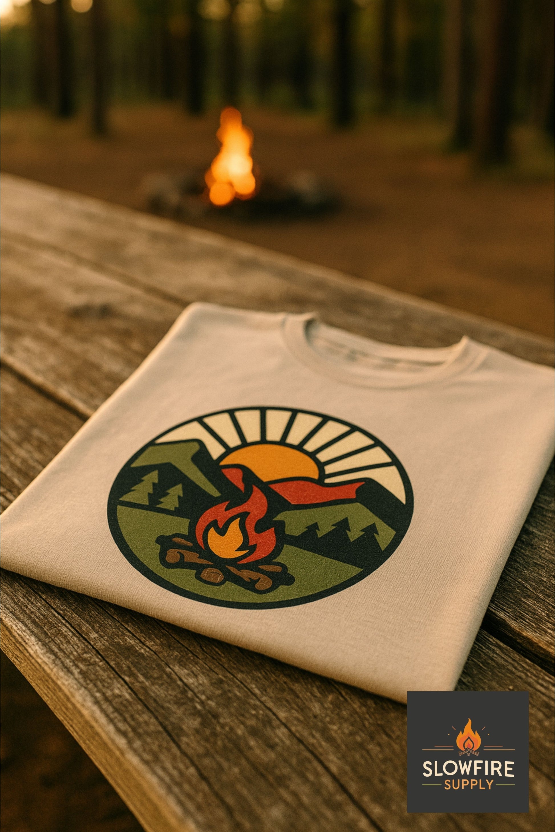 Sand colored t-shirt with camping-sunrise themed design on a wooden table with a campfire in the background, featuring the Slowfire Supply brand.