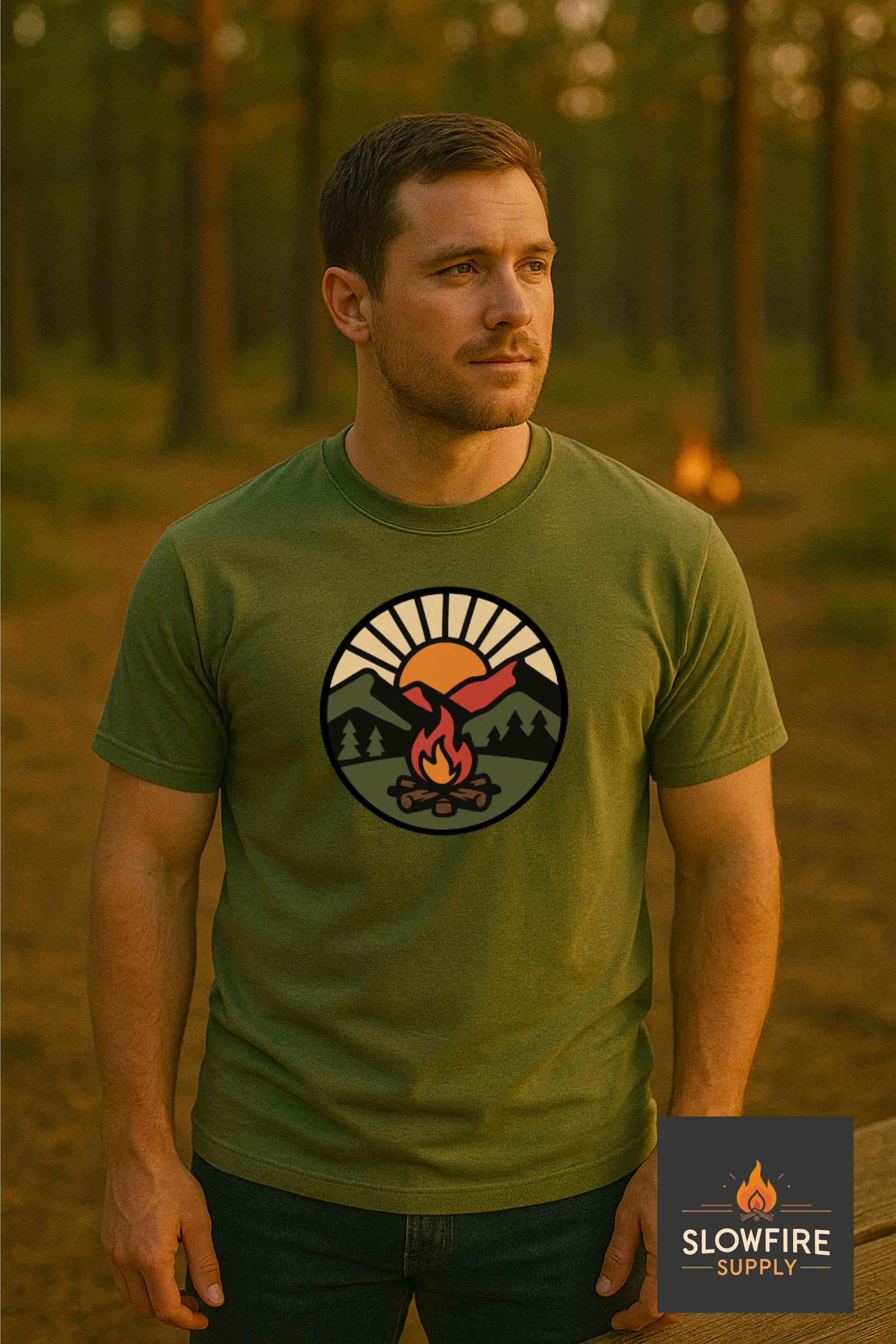 Man wearing a green t-shirt with a logo in a forest setting, featuring the Slowfire Supply brand.