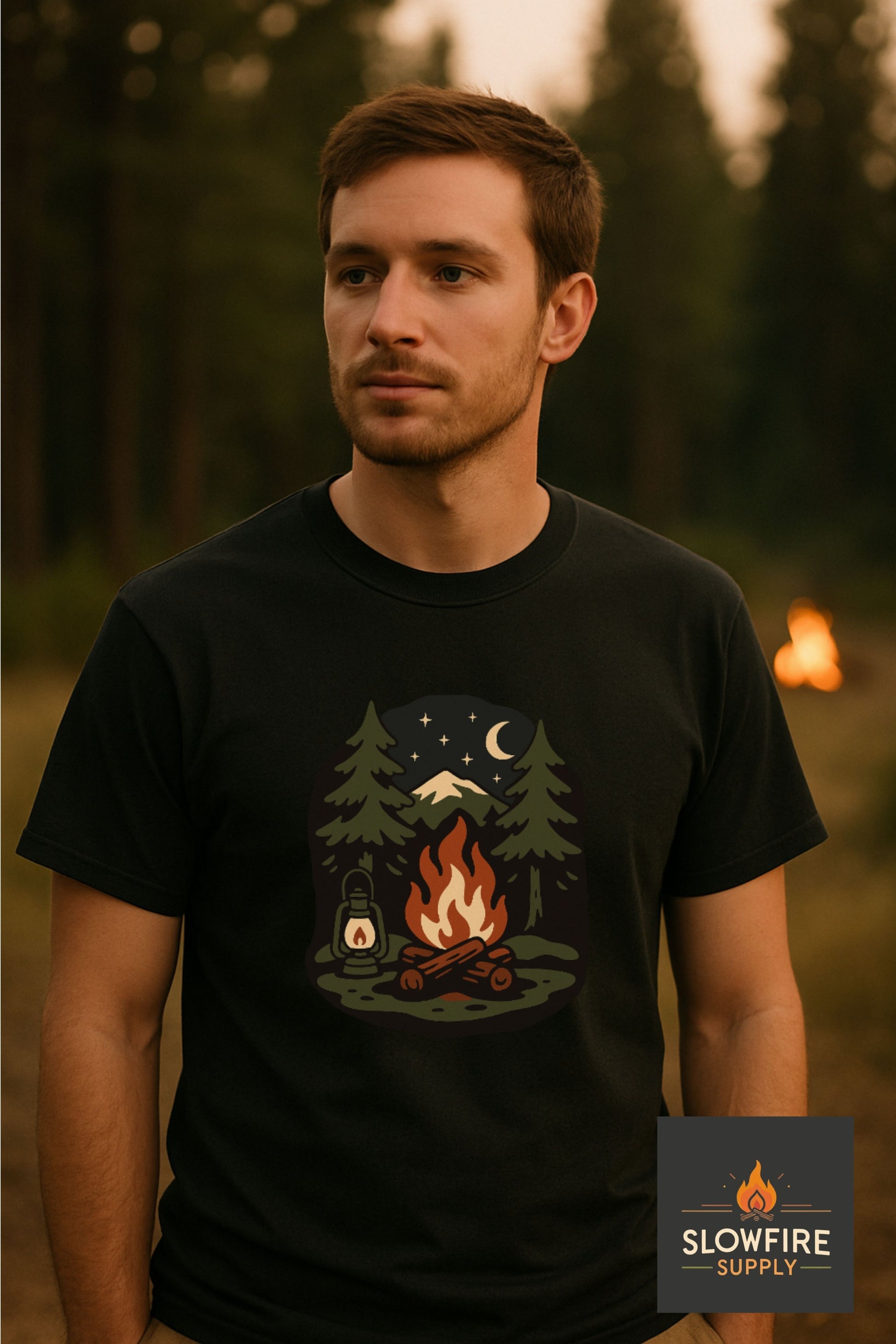 Man wearing a black t-shirt with a campfire graphic in a forest setting