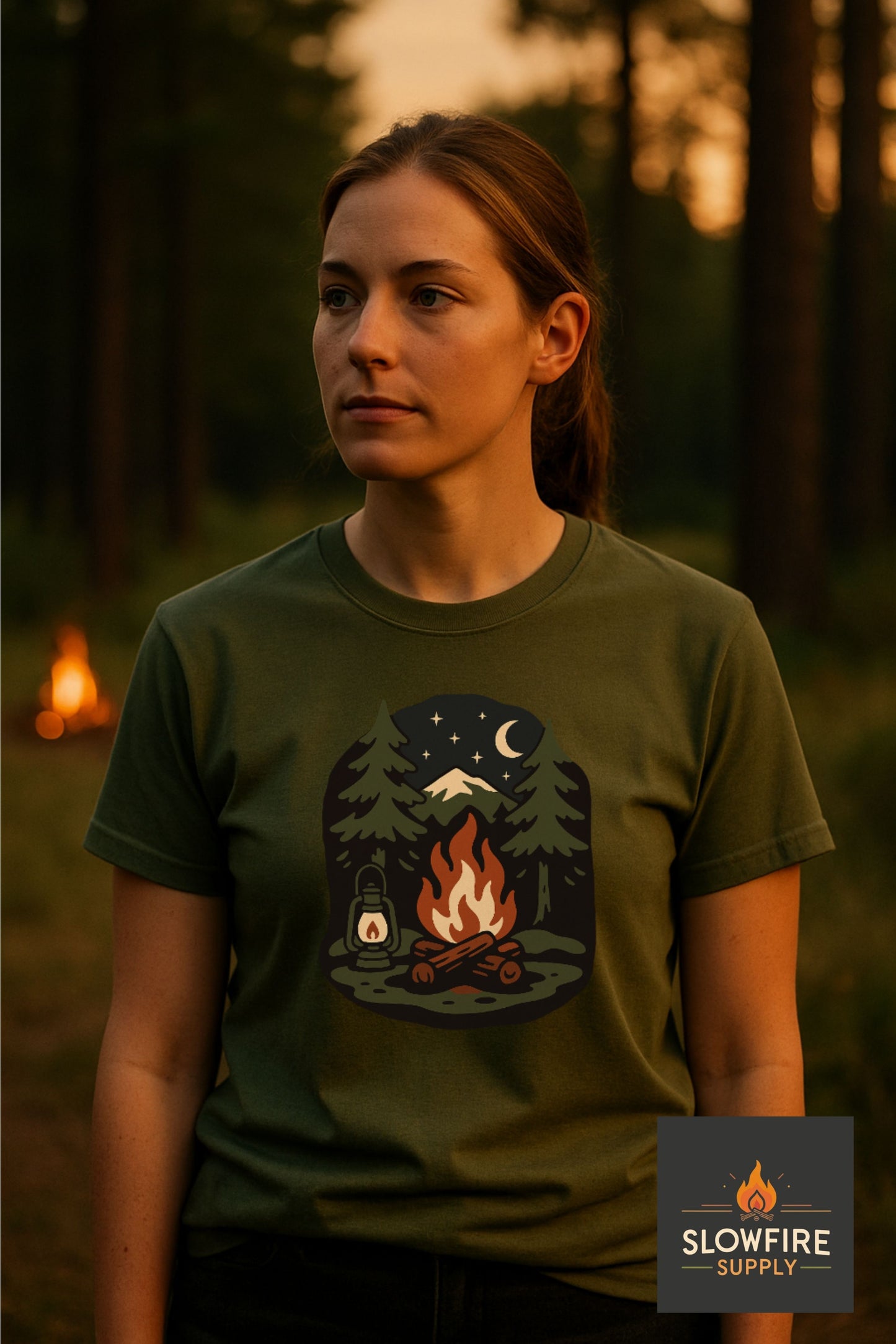 Woman wearing a military green t-shirt with a camping graphic in a forest setting, with Slowfire Supply logo.