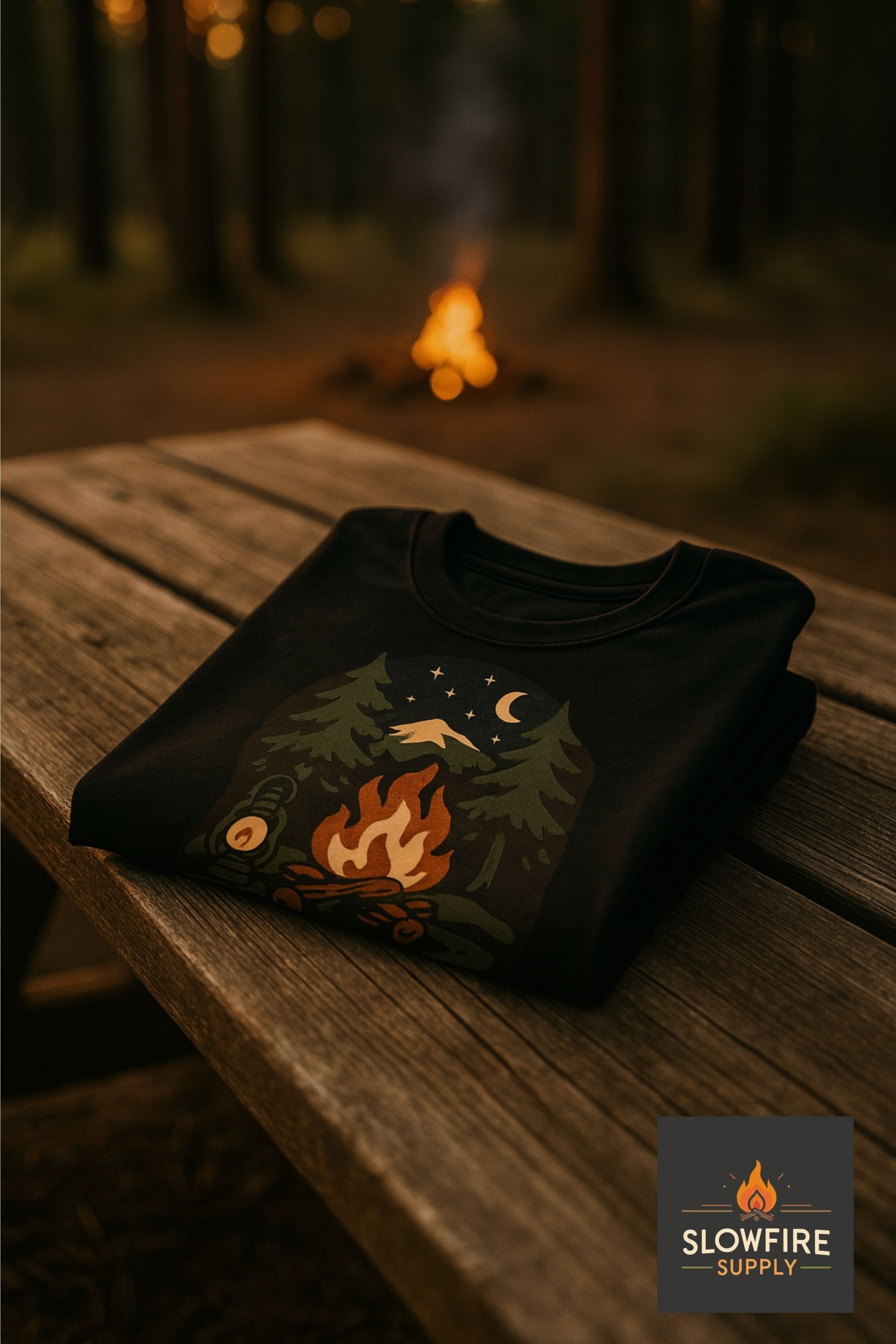 Folded black t-shirt with campfire-nature design on a wooden table in a forest setting, featuring Slowfire Supply logo.