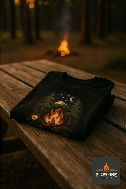 Folded black t-shirt with campfire-nature design on a wooden table in a forest setting, featuring Slowfire Supply logo.