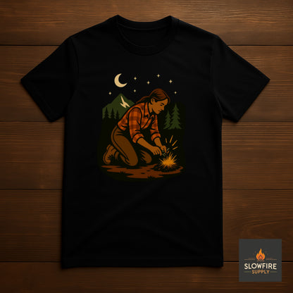 Black t-shirt with a graphic of a person starting a fire in the woods, displayed on a wooden surface.