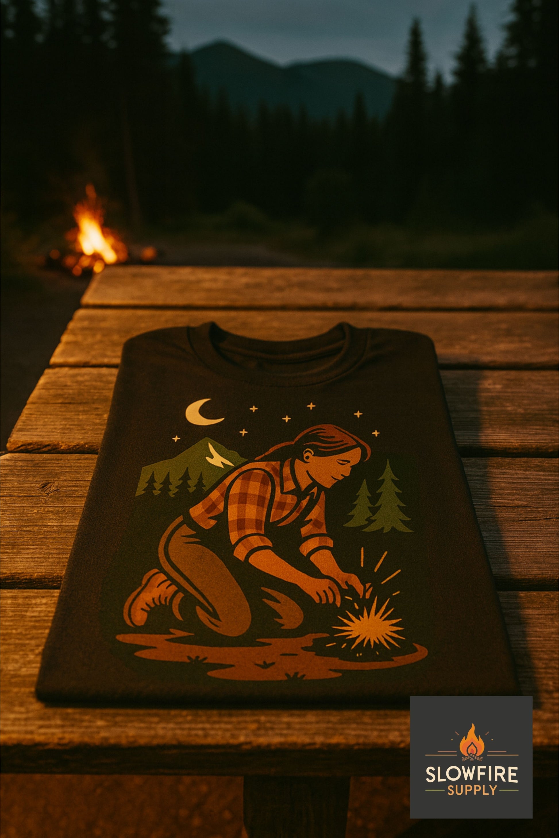 T-shirt with a graphic design of a person starting a fire, placed on a wooden surface with a campfire and forest in the background.