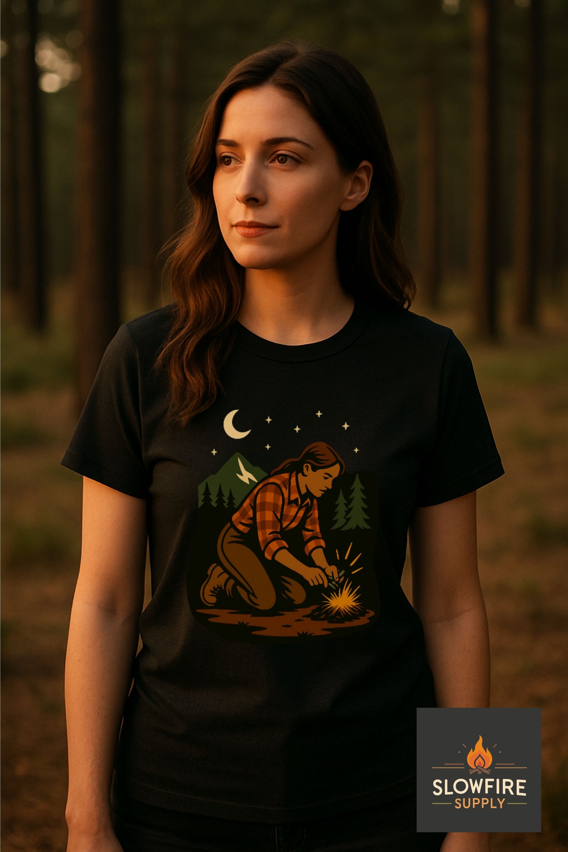Woman wearing a black t-shirt with a graphic design of a person lighting a fire, standing in a forest.
