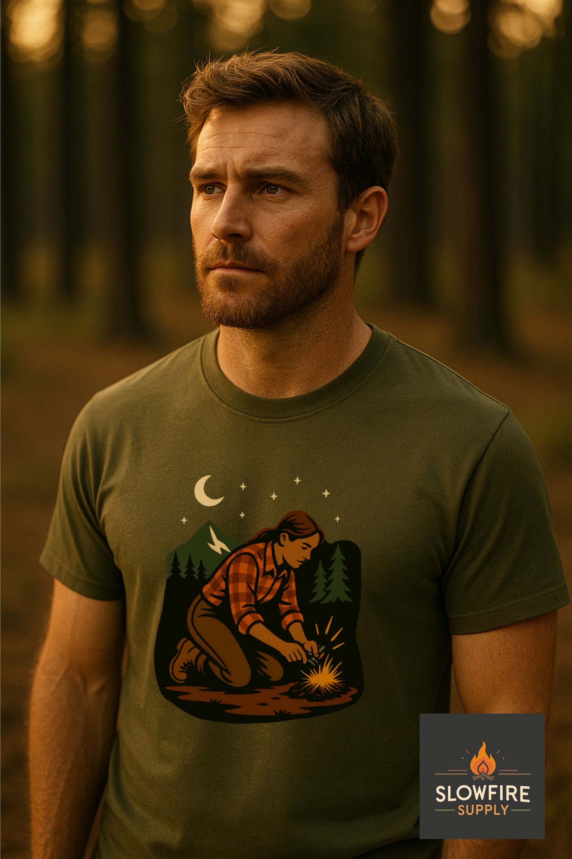 Man wearing a green t-shirt with a graphic design in a forest setting, featuring the Slowfire Supply logo.