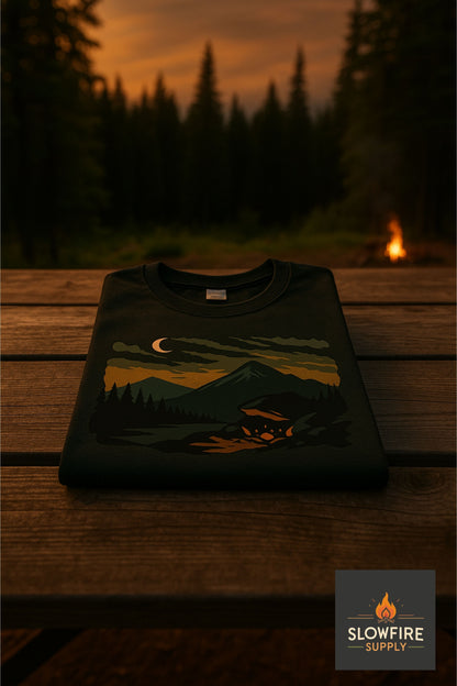 A neatly folded T-shirt with a mountain design on a wooden surface with a forest background