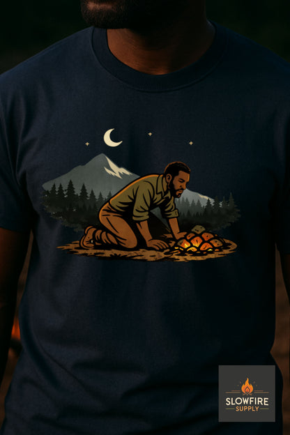 Navy blue t-shirt with a graphic of a person by a campfire and mountains, featuring the brand 'Slowfire'.