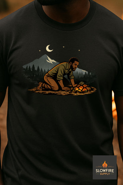 Black t-shirt with a graphic of a person lighting a fire in the woods, featuring the brand 'Slowfire'.