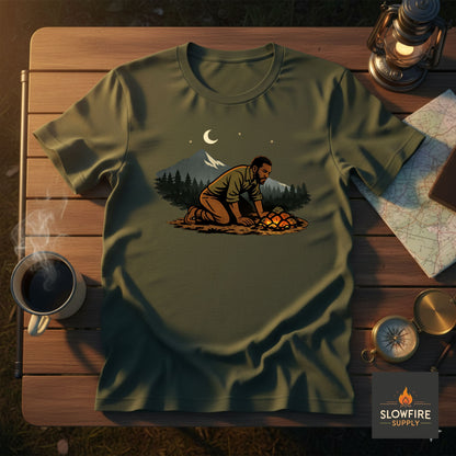Green t-shirt with a graphic design of a person by a campfire on a wooden table with camping gear.