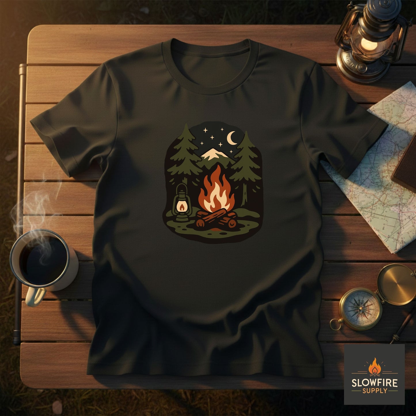 Black t-shirt with a campfire design on a wooden table with coffee and map