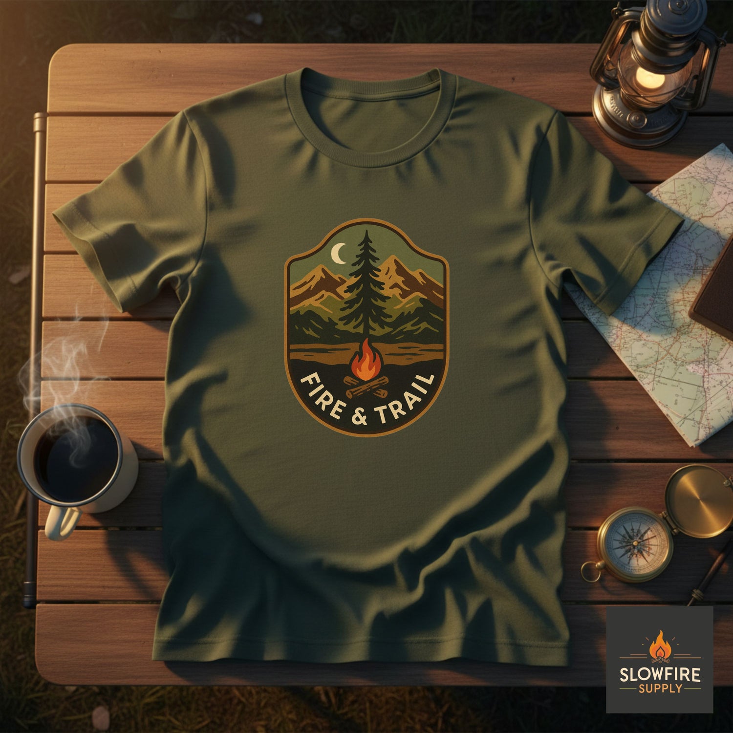 Green t-shirt with a nature-themed design on a wooden table with camping gear.