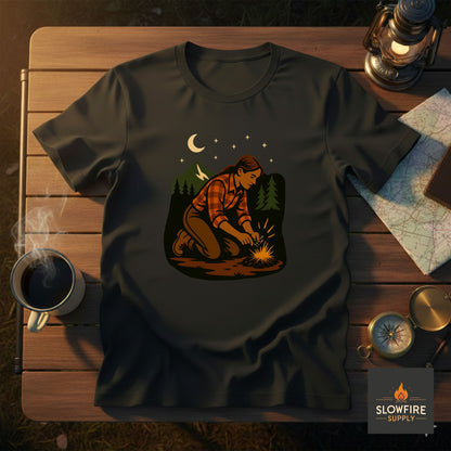 Black t-shirt with a graphic design of a female starting a fire in the woods, placed on a wooden surface with camping items around.