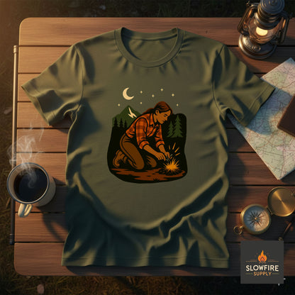 Green t-shirt with a graphic design of a female camping and using a fire starter, placed on a wooden table with camping gear.