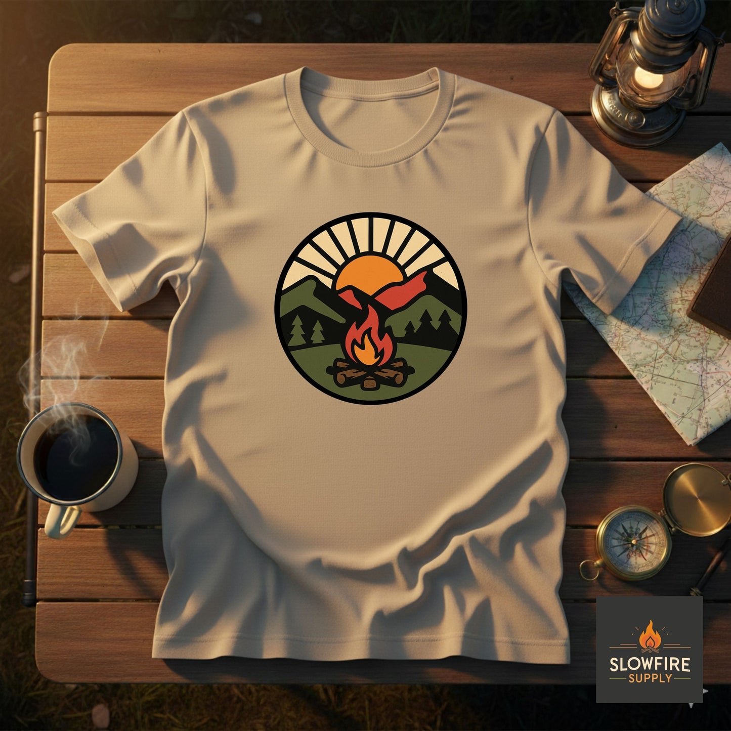 Sand colored t-shirt with a graphic design of a campfire and mountains on a wooden table with camping gear.
