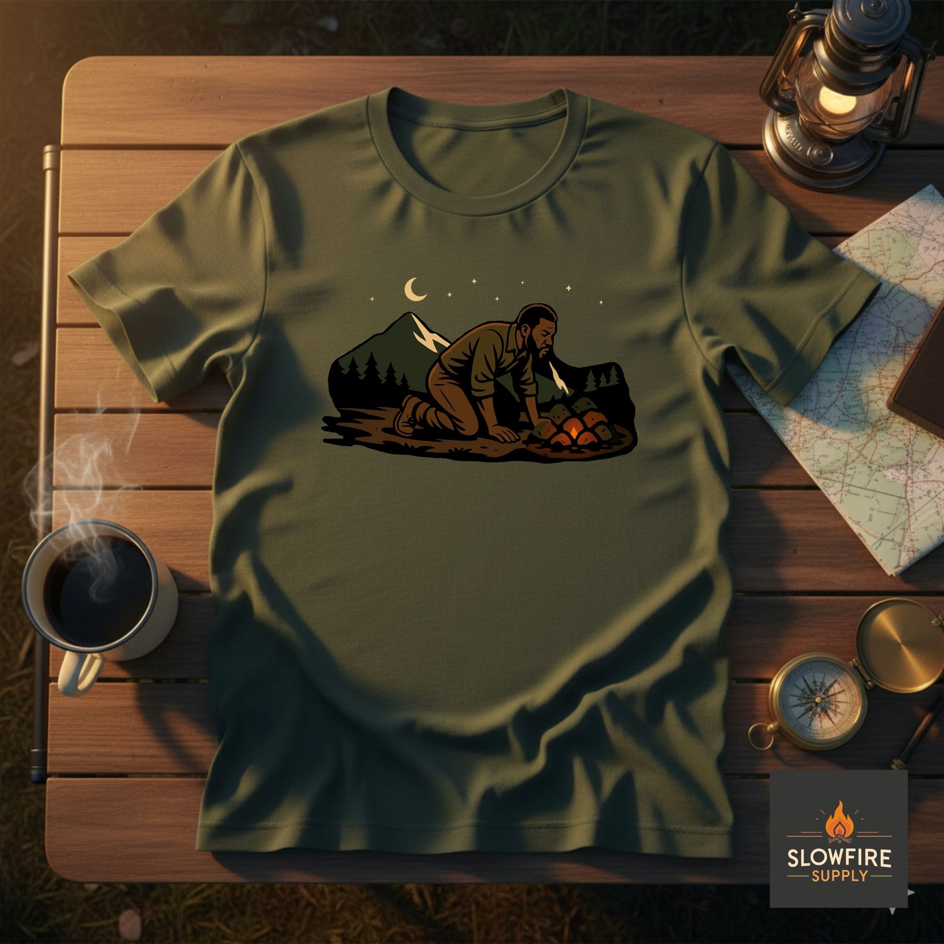 Green t-shirt with a graphic design of a person blowing on a campfire coalbed on a wooden table with a cup of coffee and map.