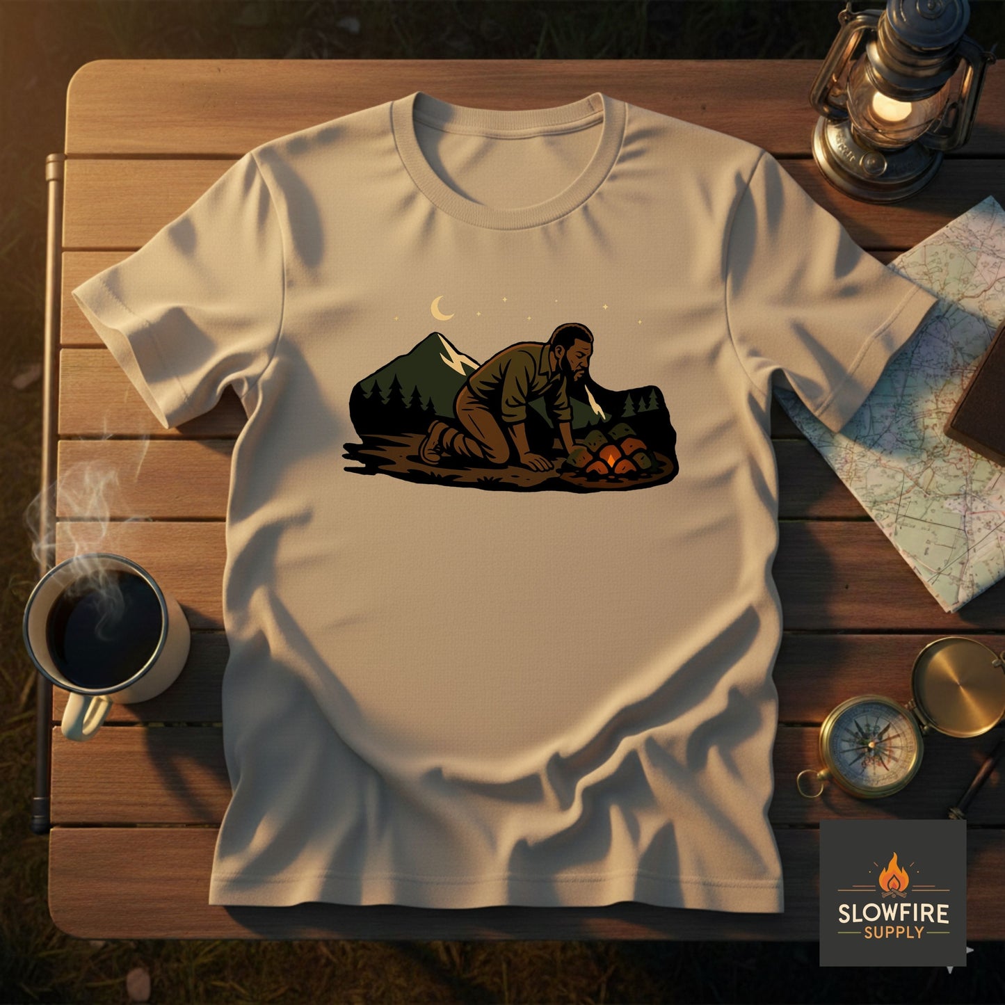 Sand  t-shirt with a graphic design of a person blowing on a campfire coalbed on a wooden table with a cup of coffee and map.