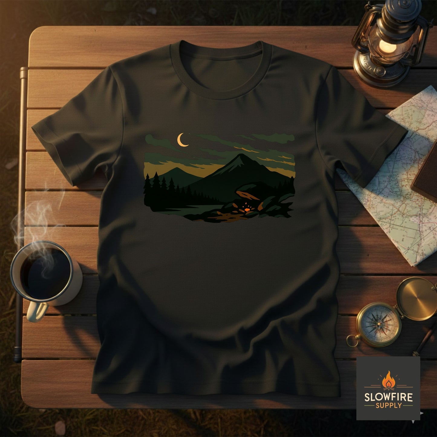 Black t-shirt with scenic mountain graphic on a wooden table with coffee and map