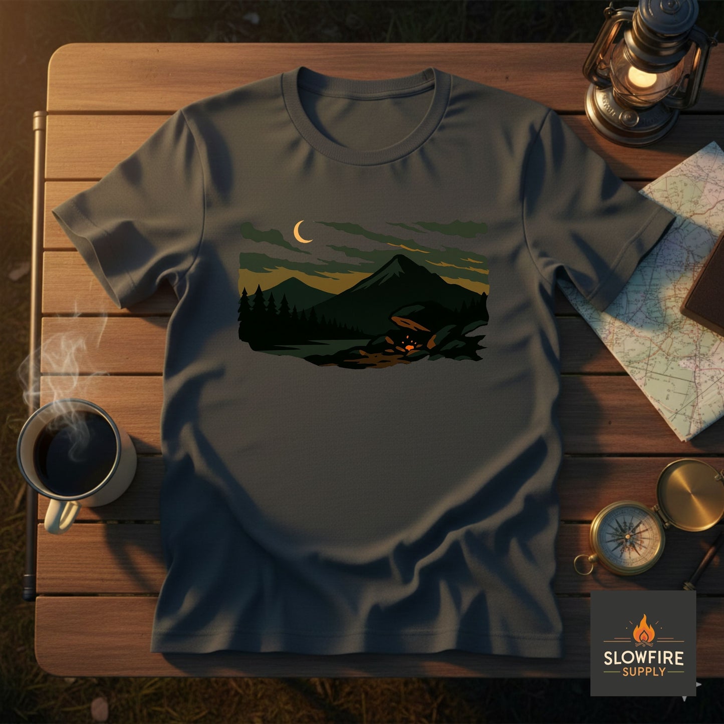 Dark Grey T-shirt with a scenic mountain graphic on a wooden table with camping items