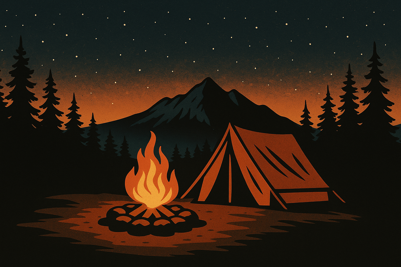 A bright campfire and tent sit beneath a night sky filled with stars, framed by tall pines and mountains.