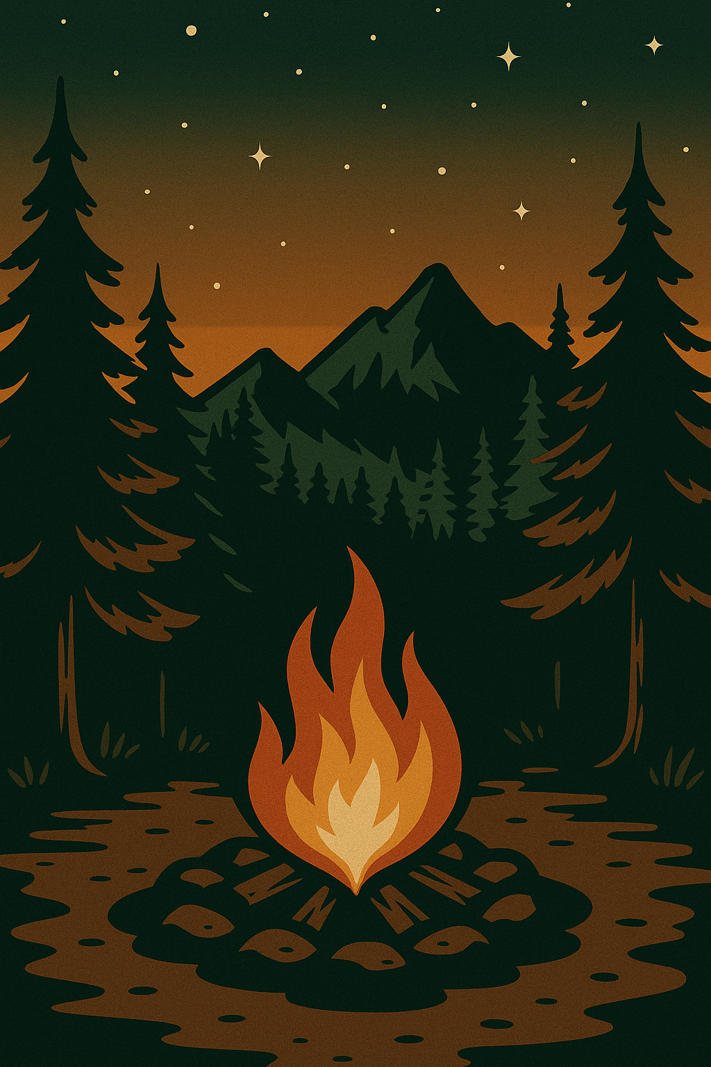 A lone campfire burns at twilight among pine trees with a mountain range in the background in a vintage-style illustration.
