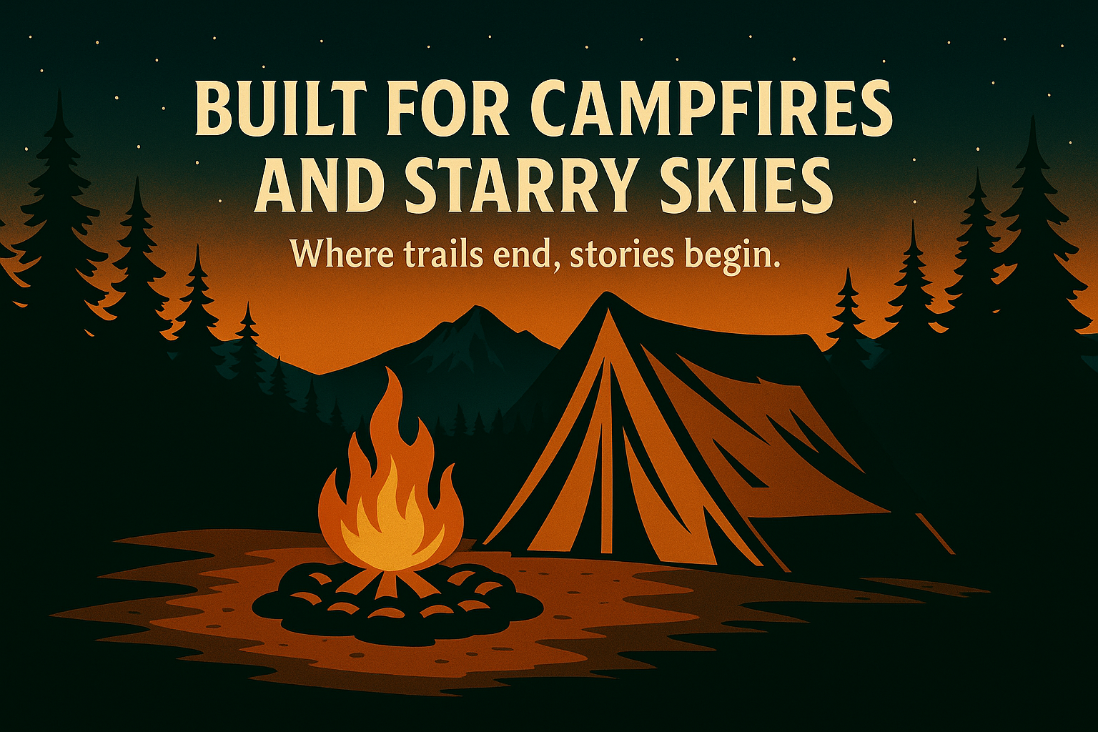 A campfire glows beside a canvas tent under starry mountain skies, illustrated in warm orange and deep forest tones.  Text reads Built for Campfires and Starry Skies.  Where trails, end, stories begin.