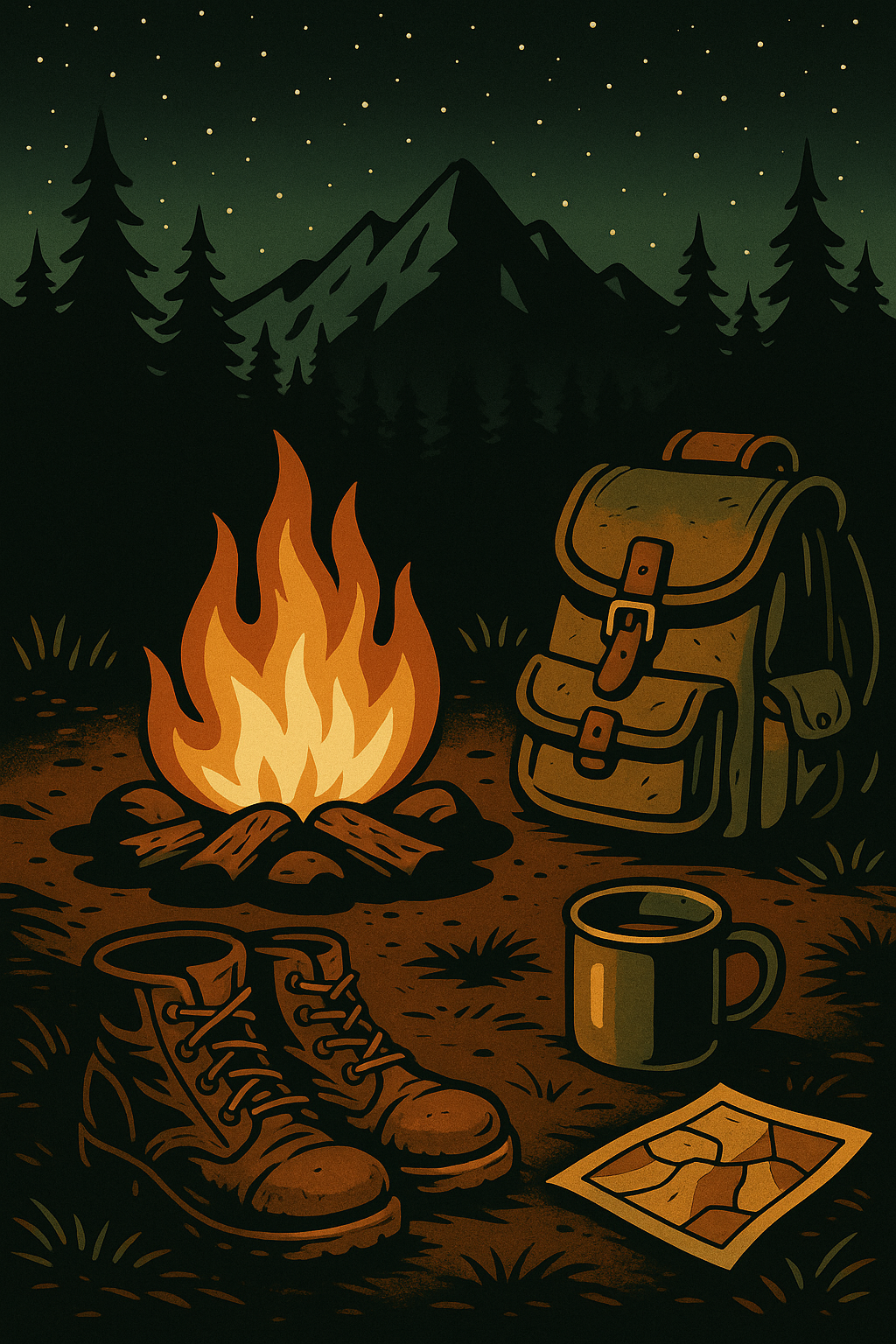 Camping gear beside a campfire—boots, a backpack, a mug, and a map—set against dark pines and a star-filled sky.