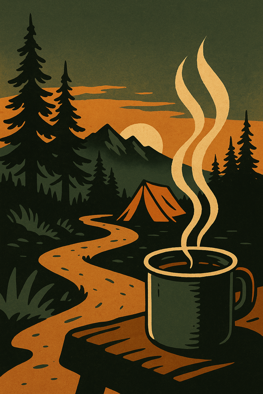A steaming cup sits on a wooden table overlooking a sunset-lit mountain trail leading to a tent among pine trees.